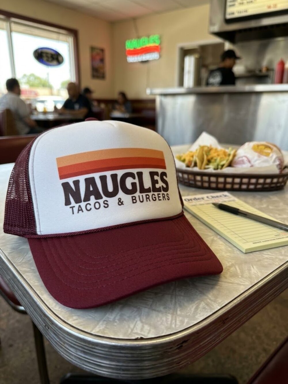 Vintage Naugles Tacos Burgers Sunset Maroon White Foam Rope Snapback Hat Retro